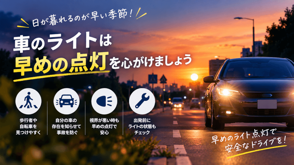 日が暮れるのが早くなったので、車を運転する際は早めのライト点灯をするように、注意喚起のコラムをお願いします。